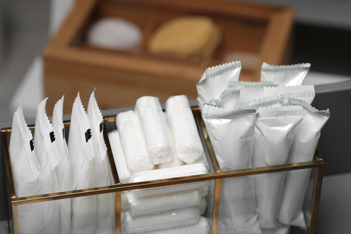 Organizer with Different Feminine Hygiene Products, Closeup